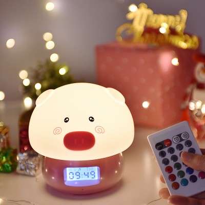 Desk Night Light Clock Remote Control Pig Creative Kids Clock Alarm Clock